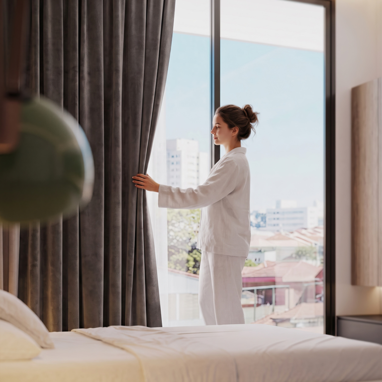 Visual interior de render fottorrealista de suite principal moderna con una mujer cerrando la cortina