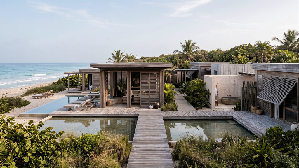 Vista exterior de un render de resort beachfront con pasarelas de madera frente al mar