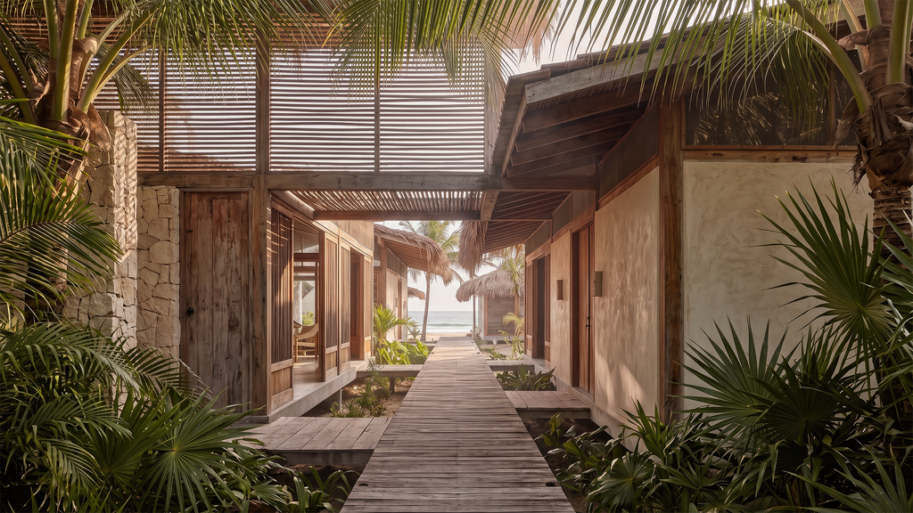 Vista exterior de un render de resort beachfront con una pasarela de madera que divide las residencias 