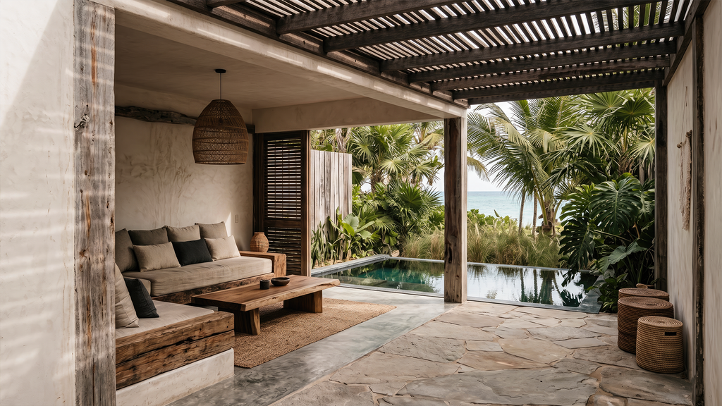Vista exterior en close-up de un render de resort beachfront en una zona de estar