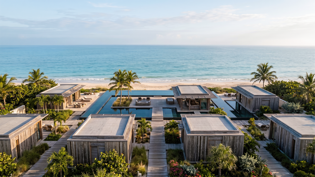 Vista exterior de un render de resort beachfront desde un dron 