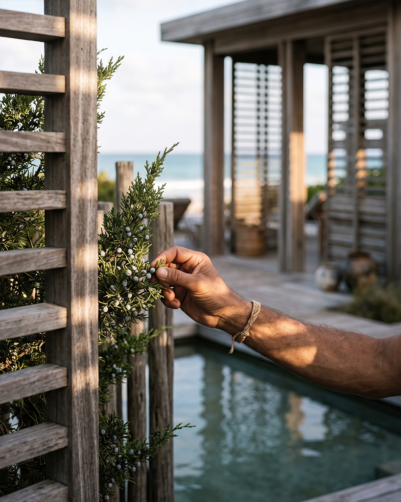 Vista exterior de un render de resort beachfront con un hombre tocando un pino