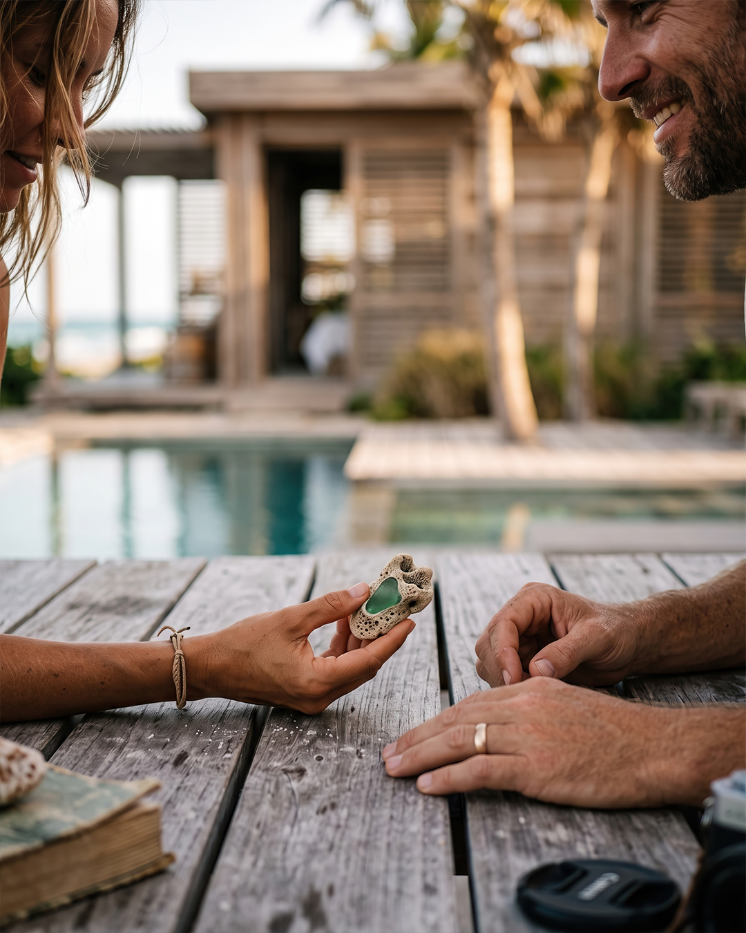 Vista exterior de un render de resort beachfront con una pareja observando un objeto mágico 