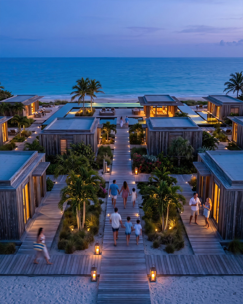 Vista exterior nocturna de un render de resort beachfront desde un dron
