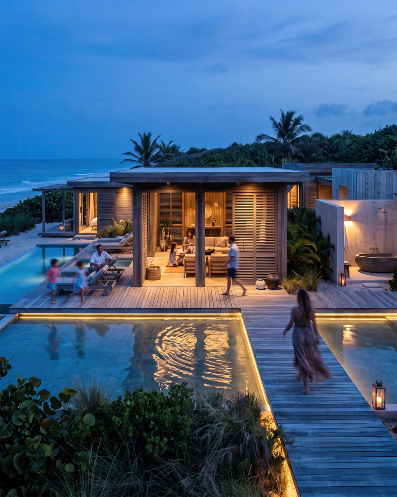 ista exterior nocturna de un render de resort beachfront con una pasarela en madera y una mujer caminando con su familia 
