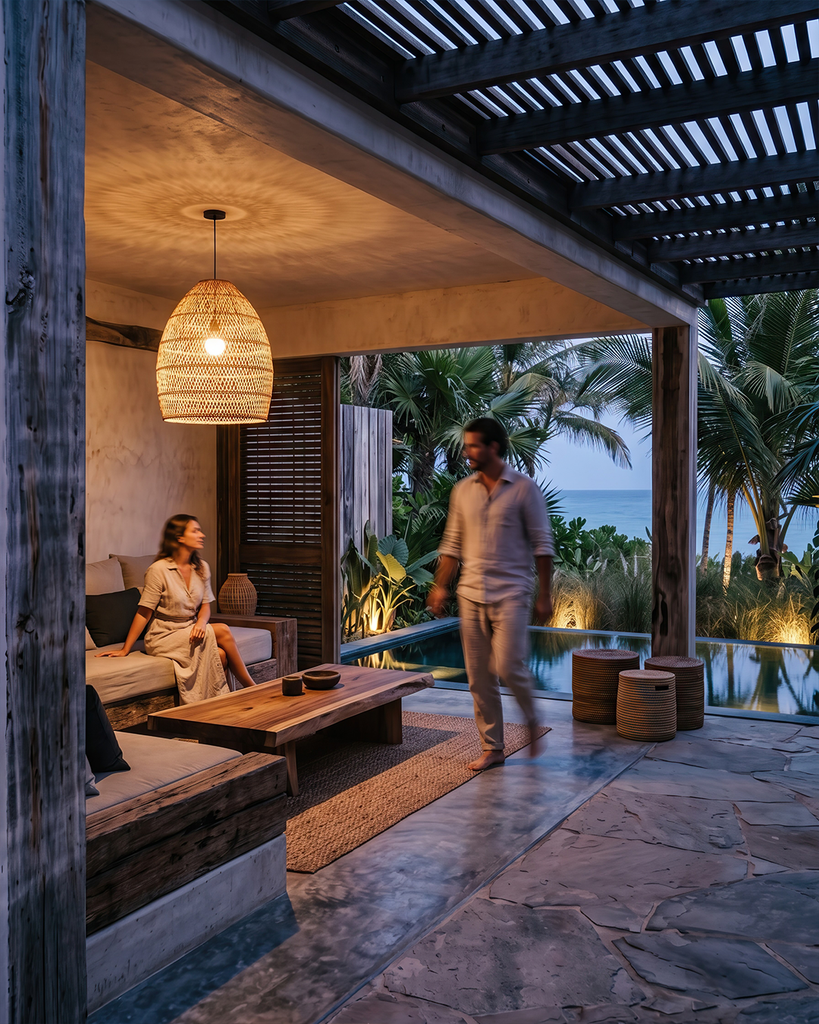 ista exterior nocturna de un render de resort beachfront con una pareja en un espacio romántico 
