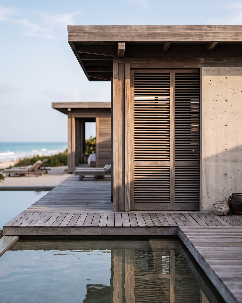 Vista exterior en close-up de un render de resort beachfront en la pasarela de residencia