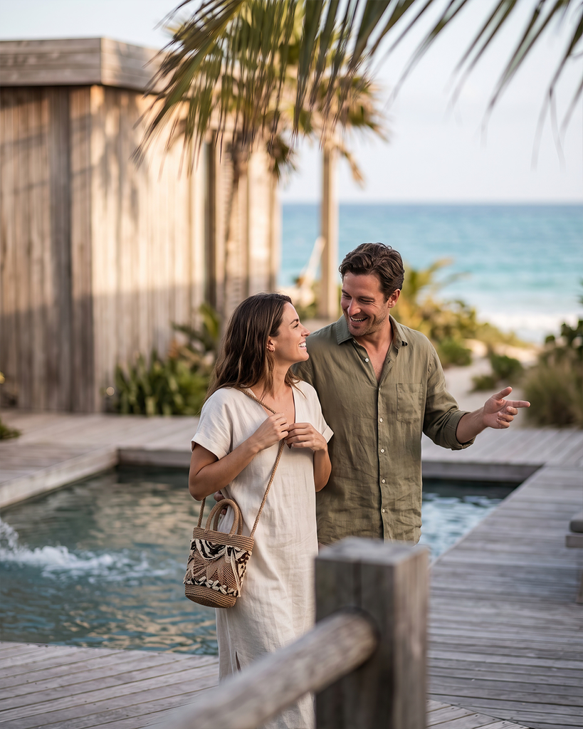Vista exterior en close-up de un render de resort beachfront con una pareja caminando