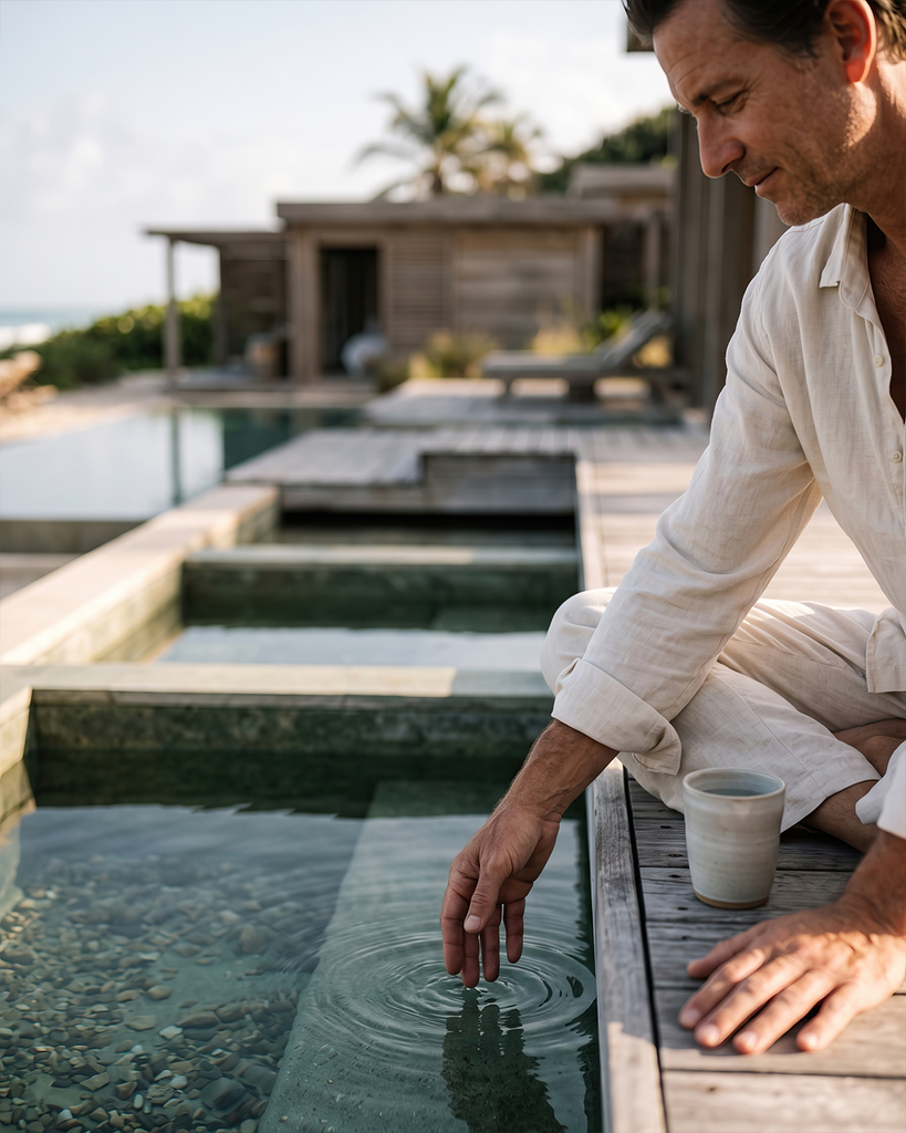 Vista exterior en close-up de un render de resort beachfront con un hombre tocando el agua