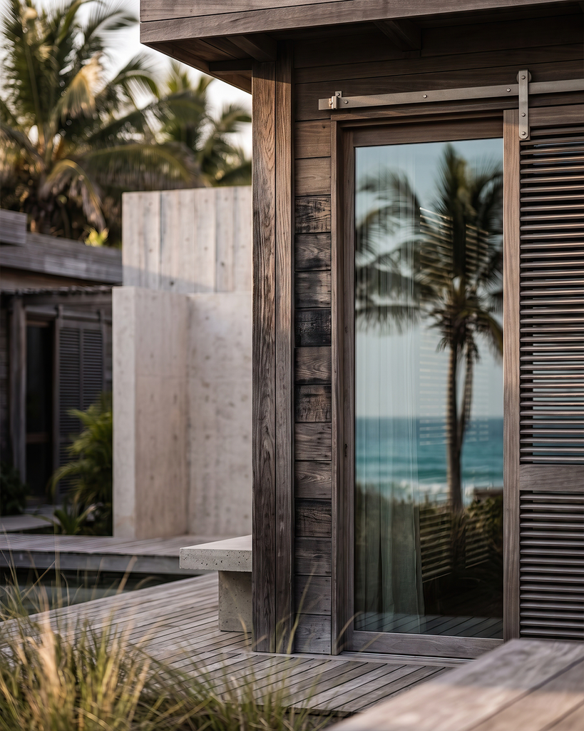 Vista exterior en close-up de un render de resort beachfront de un volumen de residencia 