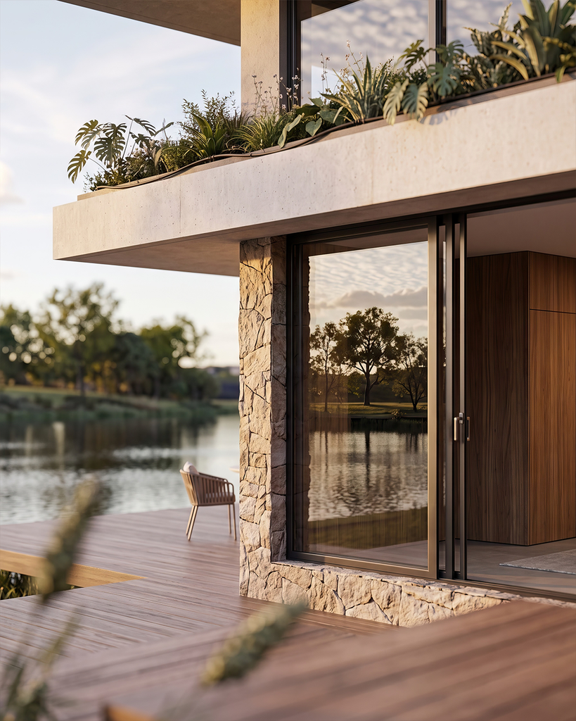 Visual exterior de render fotorrealista de volumen residencial con vista al lago en un atardecer