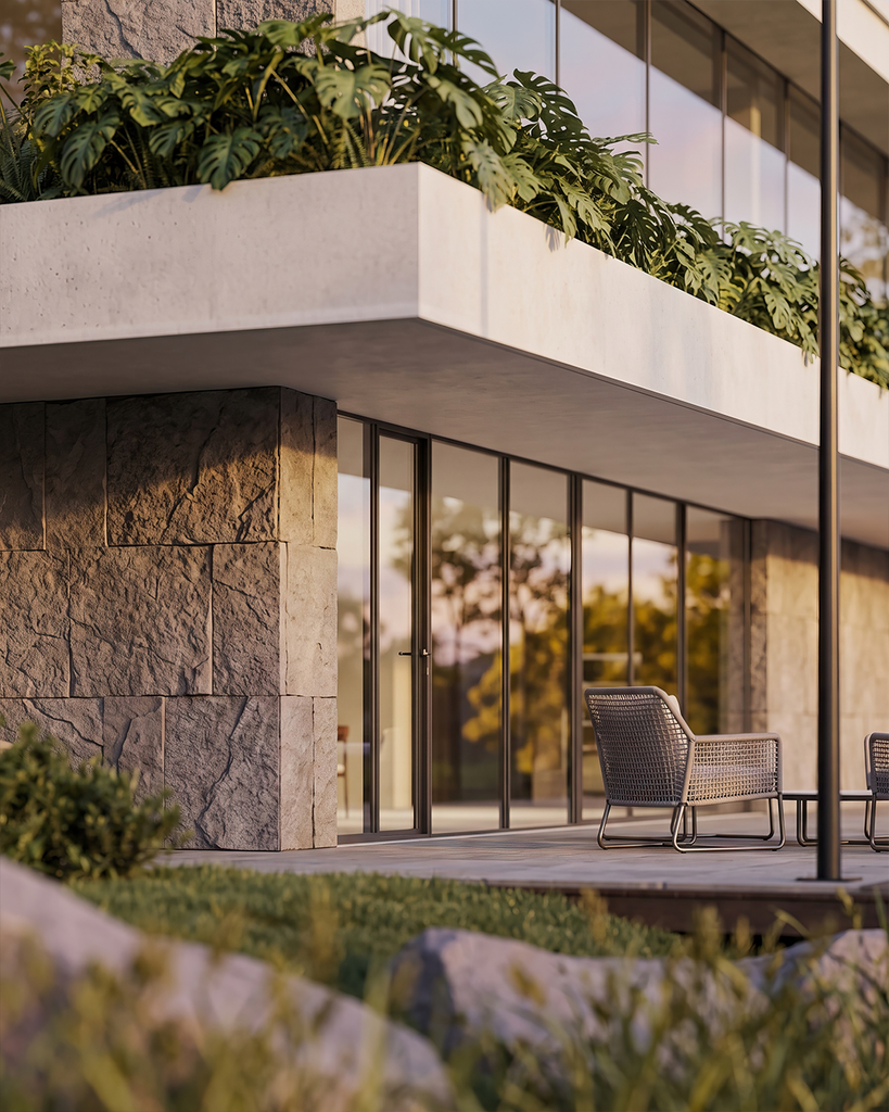 visual exterior de render fotorrealista tipo close-up del detalle arquitectónico del volumen principal