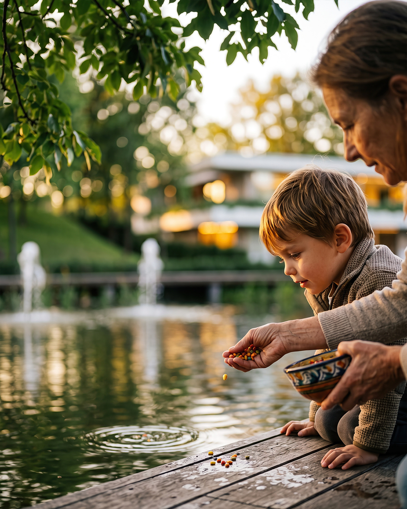 Madre e hijo junto al espejo de agua con juegos de fuente al fondo