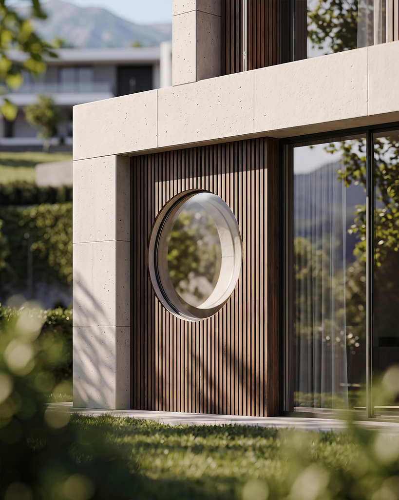 Detalle de fachada: piedra travertino, listones de madera y ventana circular
