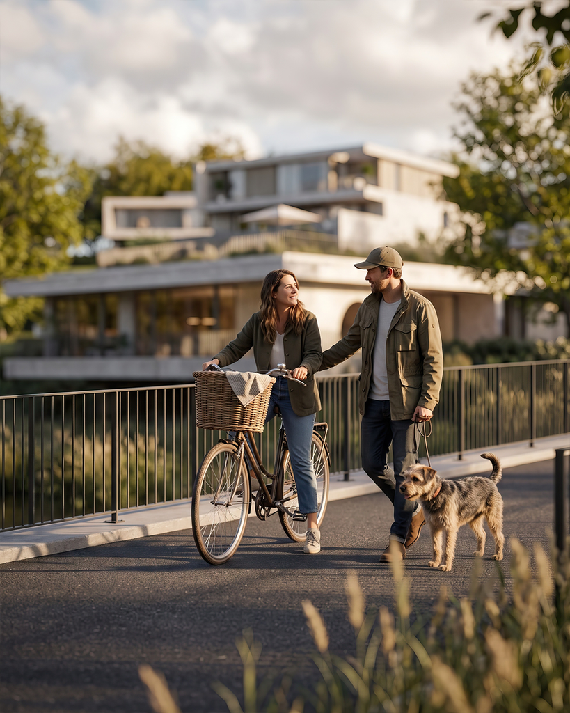 Recorrido peatonal del conjunto residencial con bicicleta y mascota
