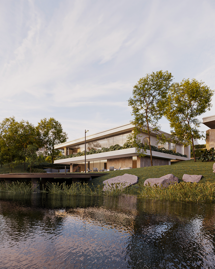 Visual exterior de render fotorrealista del volumen principal de zona social frente al lago