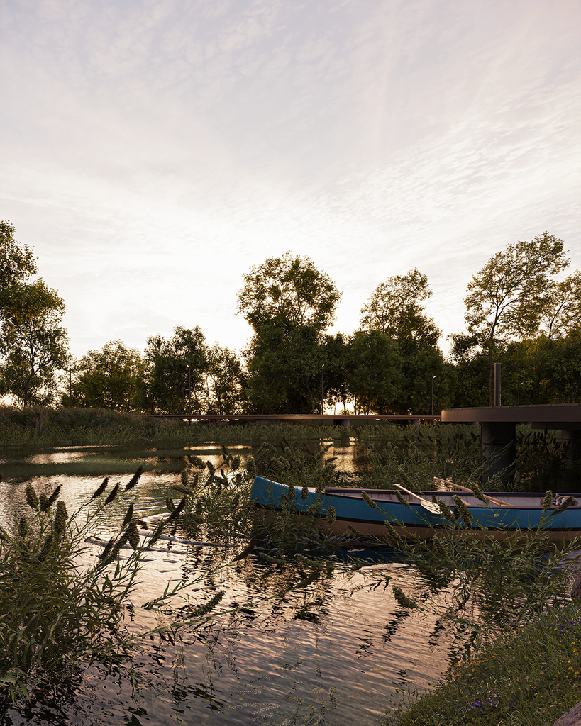 Canoa junto al muelle al atardecer, con el club house reflejado en el agua