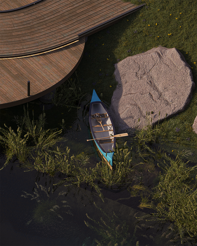 visual exterior de render aéreo de Canoa junto al muelle al atardecer