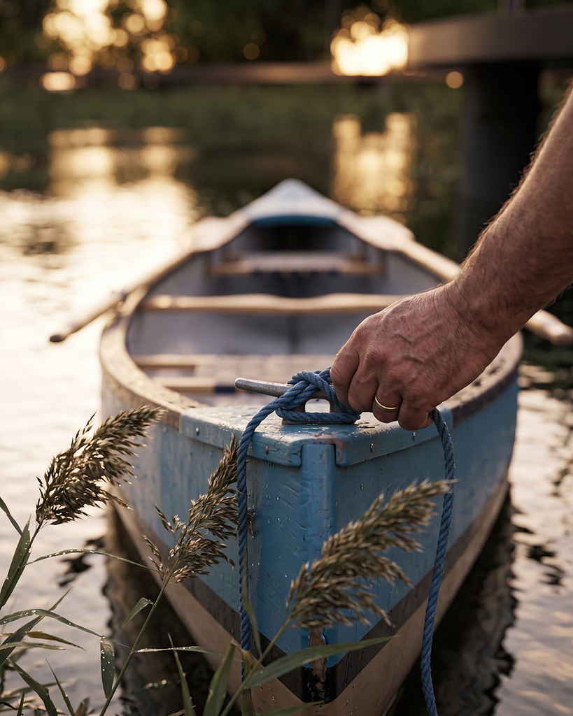 vista en Close-up de Canoa junto al muelle al atardecer