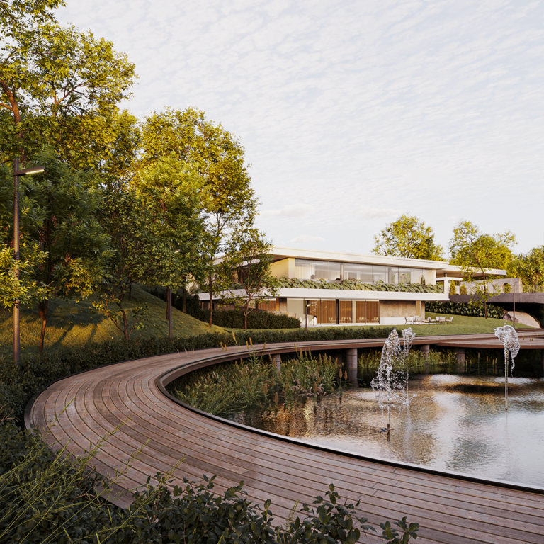 Visual exterior de render fotorrealista del proyecto club house frente al lago